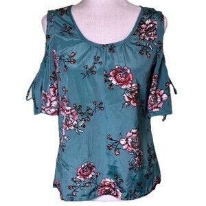 Women Floral Cold Shoulder Boho Blouse Scoop Neck Tie Sleeve Top Size Medium